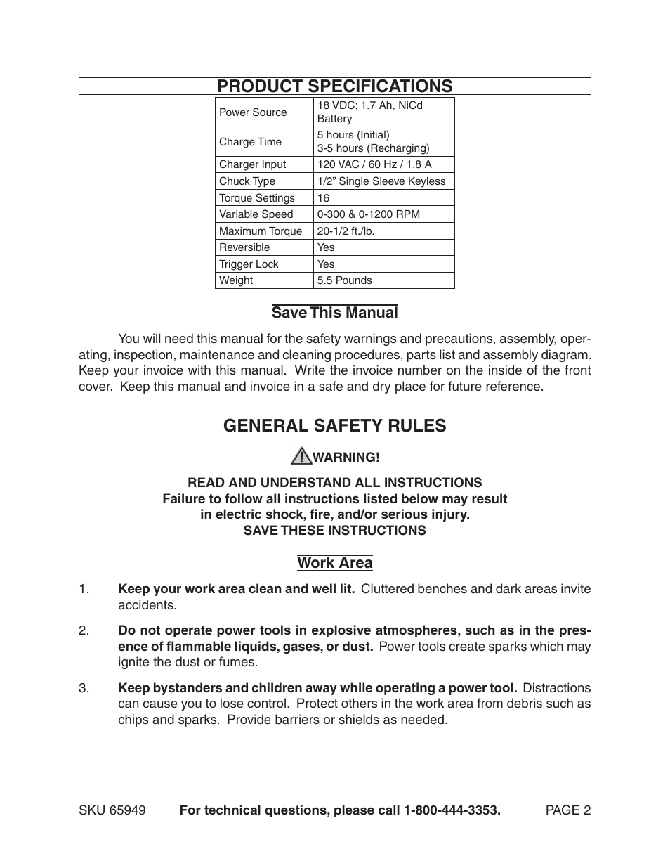 Product specifications, General safety rules, Save this manual | Work area | Harbor Freight Tools VARIABLE SPEED 18 VOLT CORD- LESS DRILL/HAMMER DRILL 65949 User Manual | Page 2 / 15