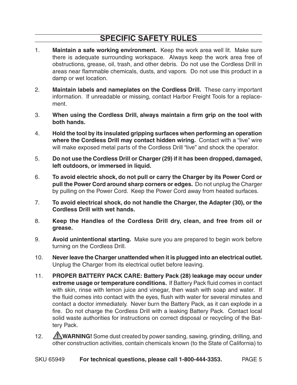 Specific safety rules | Harbor Freight Tools VARIABLE SPEED 18 VOLT CORD- LESS DRILL/HAMMER DRILL 65949 User Manual | Page 5 / 15