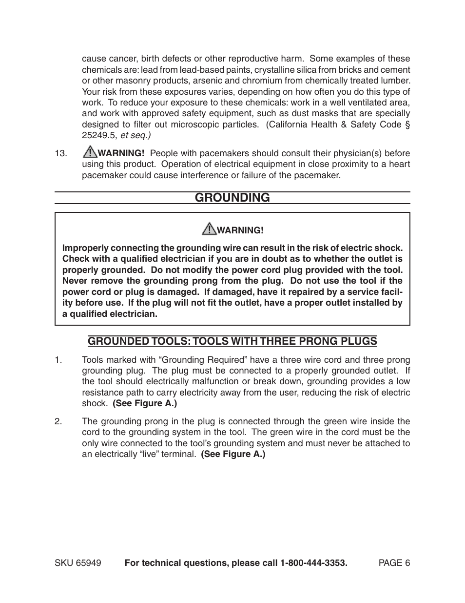 Grounding | Harbor Freight Tools VARIABLE SPEED 18 VOLT CORD- LESS DRILL/HAMMER DRILL 65949 User Manual | Page 6 / 15