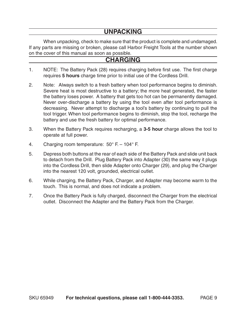 Unpacking, Charging | Harbor Freight Tools VARIABLE SPEED 18 VOLT CORD- LESS DRILL/HAMMER DRILL 65949 User Manual | Page 9 / 15