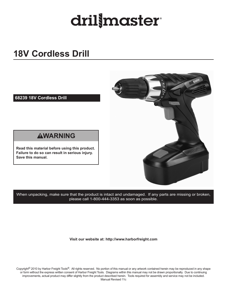 Harbor Freight Tools Drillmaster 18V Cordless Drill 68239 User Manual | 12 pages