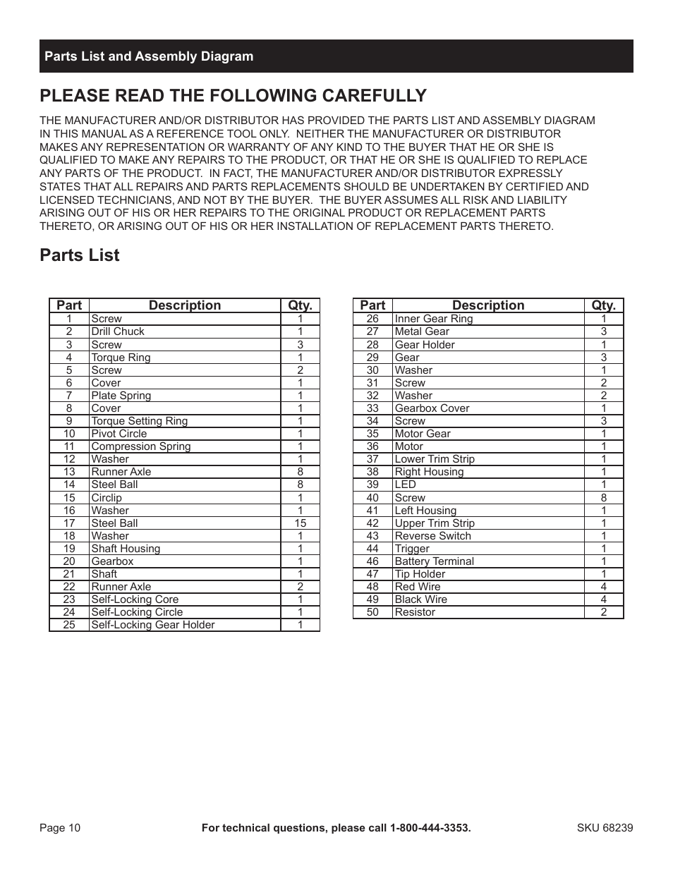 Please read the following carefully, Parts list | Harbor Freight Tools Drillmaster 18V Cordless Drill 68239 User Manual | Page 10 / 12