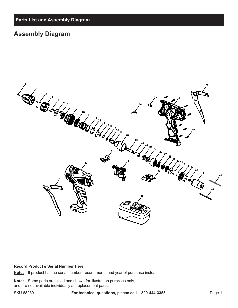 Assembly diagram | Harbor Freight Tools Drillmaster 18V Cordless Drill 68239 User Manual | Page 11 / 12