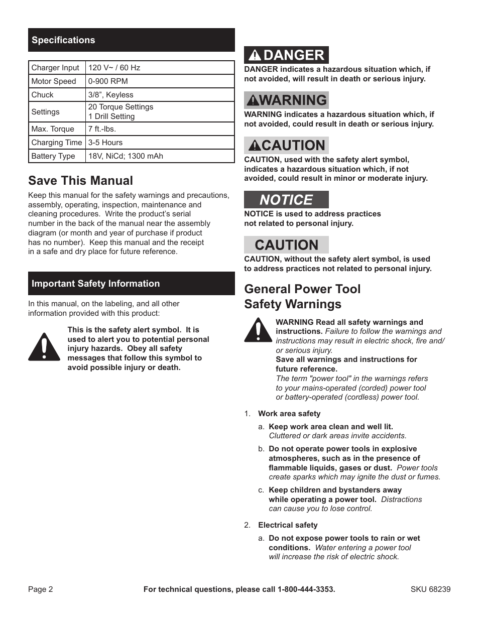 Save this manual, General power tool safety warnings | Harbor Freight Tools Drillmaster 18V Cordless Drill 68239 User Manual | Page 2 / 12