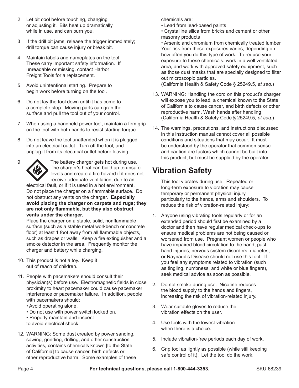 Vibration safety | Harbor Freight Tools Drillmaster 18V Cordless Drill 68239 User Manual | Page 4 / 12