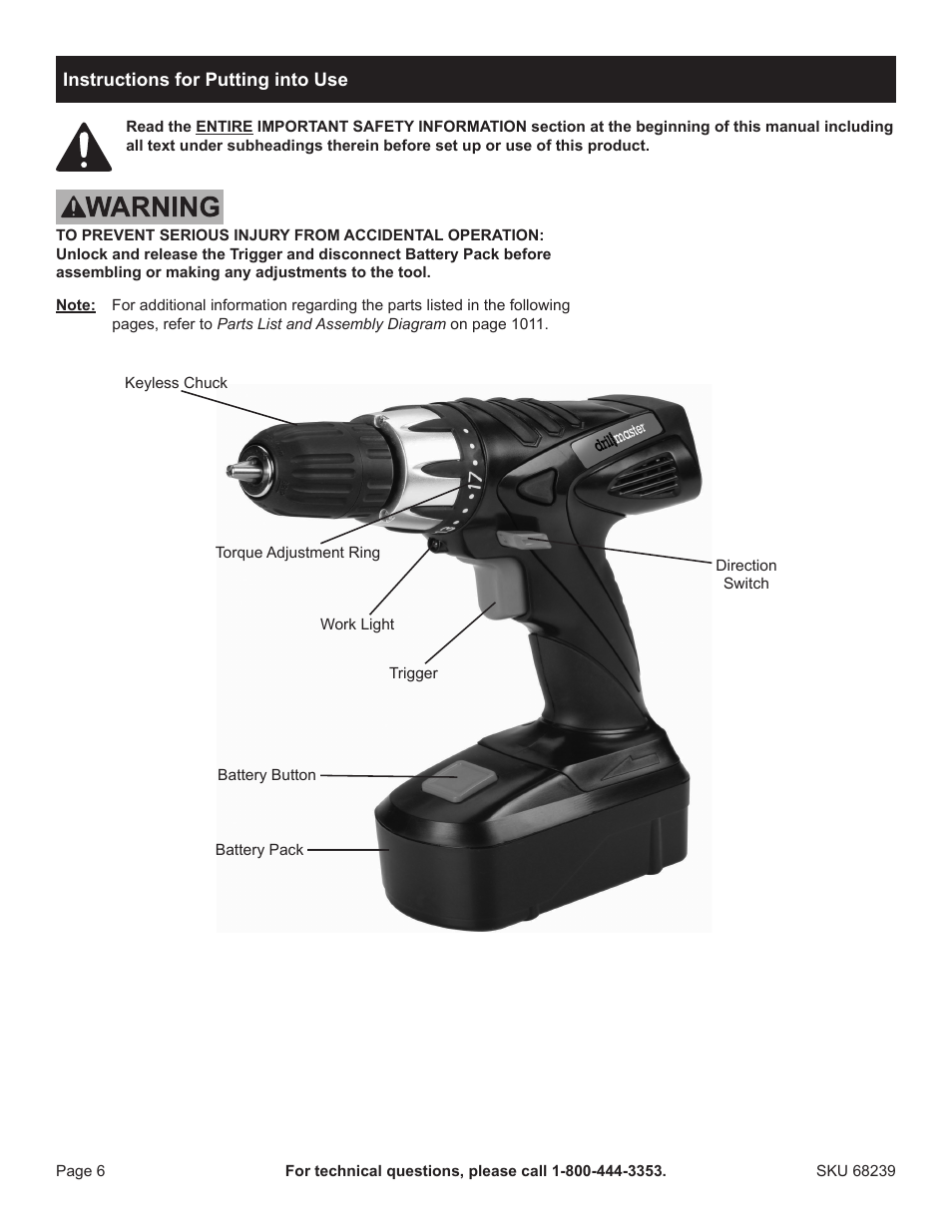 Harbor Freight Tools Drillmaster 18V Cordless Drill 68239 User Manual | Page 6 / 12