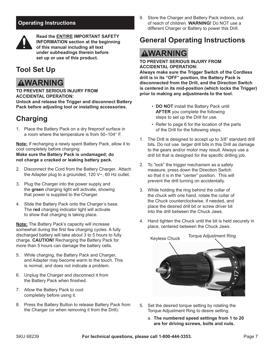 Tool set up, Charging, General operating instructions | Harbor Freight Tools Drillmaster 18V Cordless Drill 68239 User Manual | Page 7 / 12