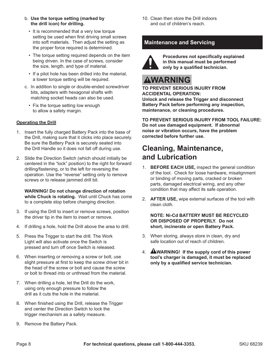 Cleaning, maintenance, and lubrication | Harbor Freight Tools Drillmaster 18V Cordless Drill 68239 User Manual | Page 8 / 12