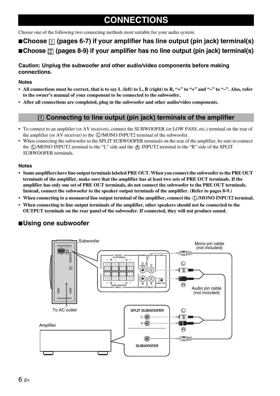 Connections, Amplifier, Using one subwoofer | Yamaha NS-SW310 User Manual | Page 10 / 148