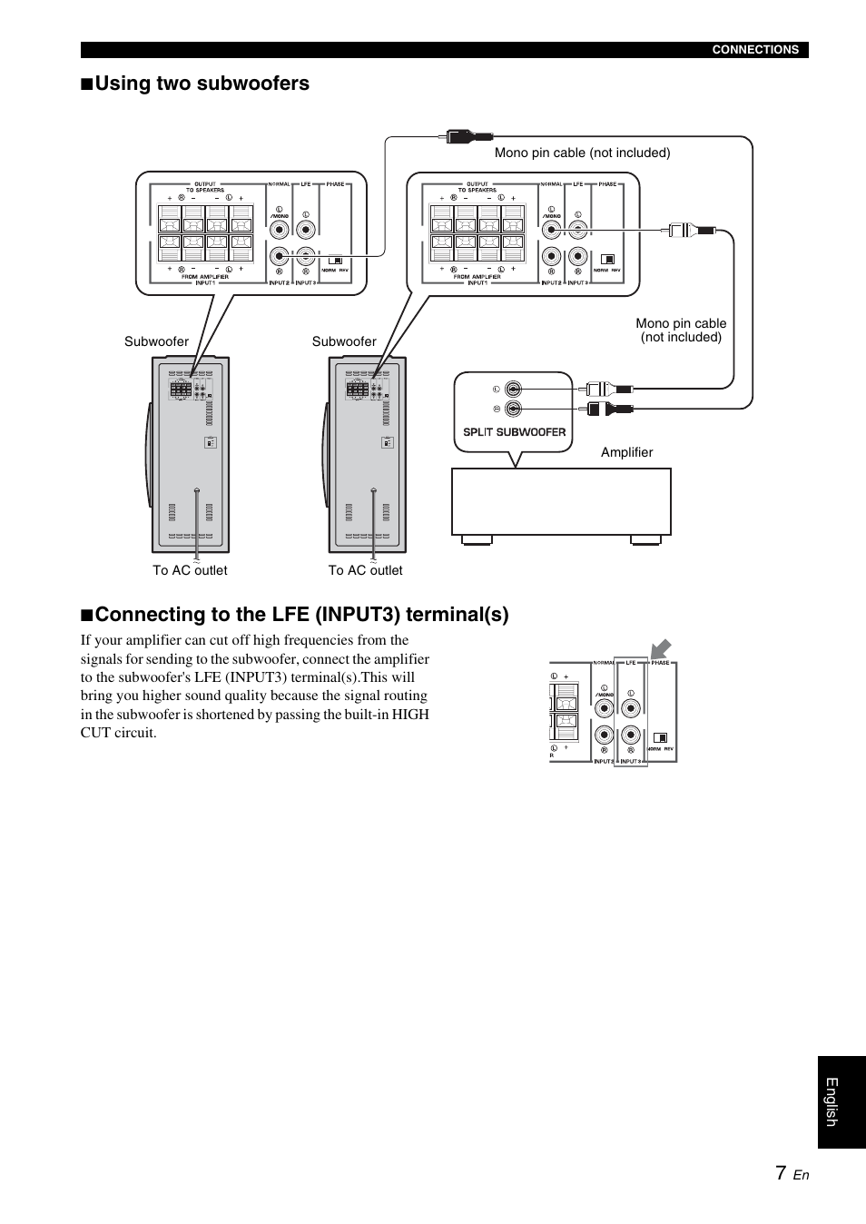 Using two subwoofers, Connecting to the lfe (input3) terminal(s) | Yamaha NS-SW310 User Manual | Page 11 / 148