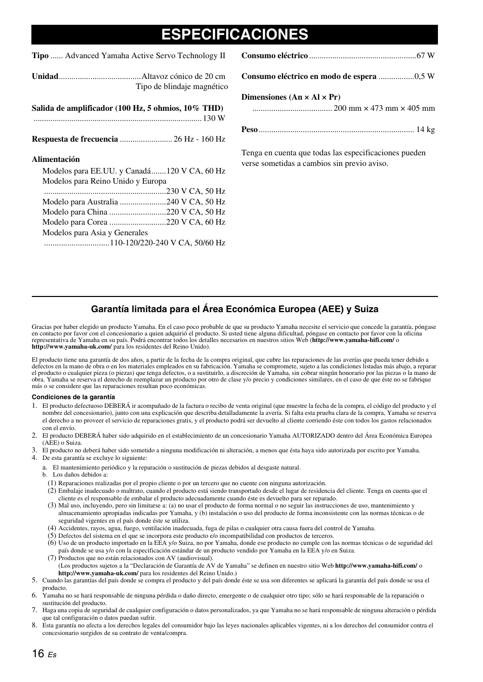 Especificaciones | Yamaha NS-SW310 User Manual | Page 110 / 148