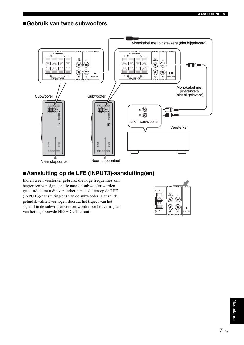 Gebruik van twee subwoofers, Aansluiting op de lfe (input3)-aansluiting(en) | Yamaha NS-SW310 User Manual | Page 119 / 148