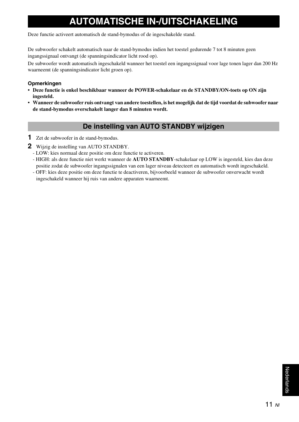 Automatische in-/uitschakeling, De instelling van auto standby wijzigen | Yamaha NS-SW310 User Manual | Page 123 / 148