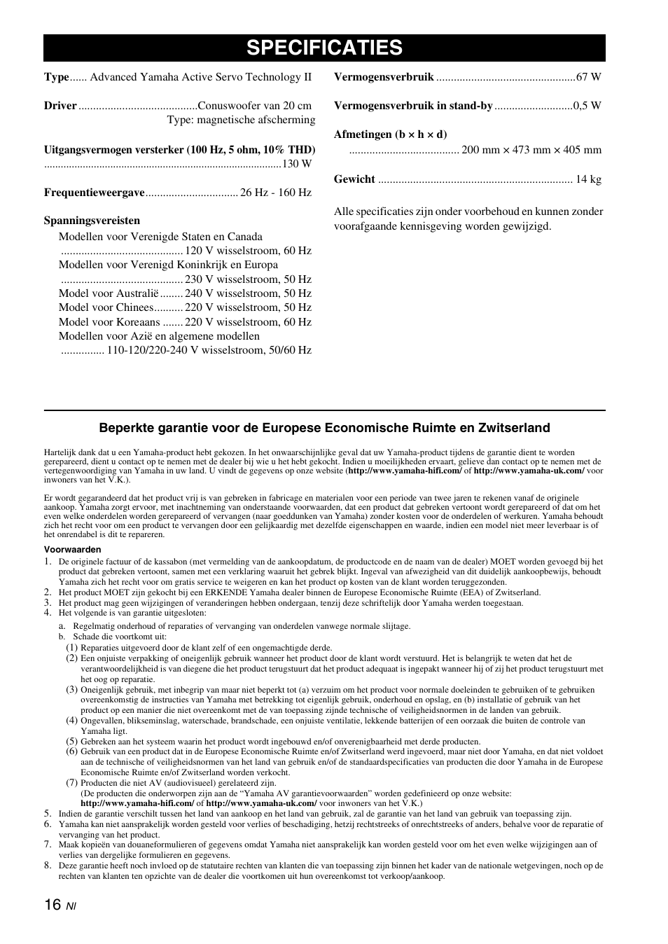 Specificaties | Yamaha NS-SW310 User Manual | Page 128 / 148