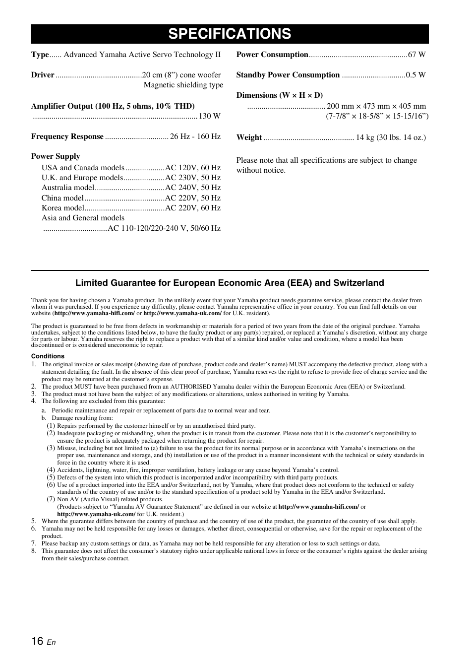 Specifications | Yamaha NS-SW310 User Manual | Page 20 / 148