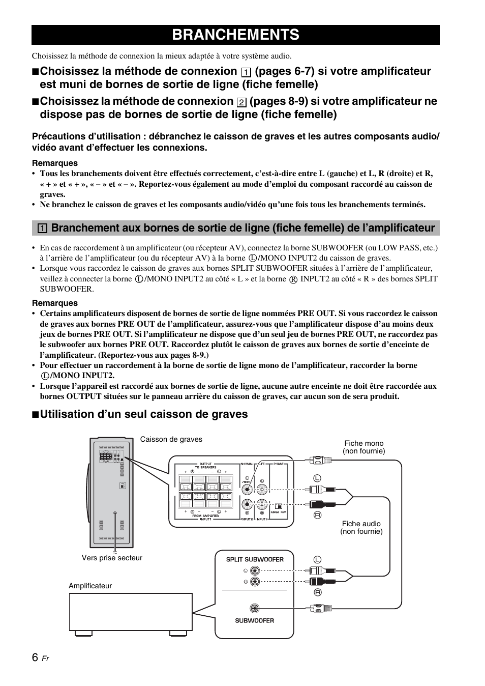 Branchements, Utilisation d’un seul caisson de graves | Yamaha NS-SW310 User Manual | Page 28 / 148