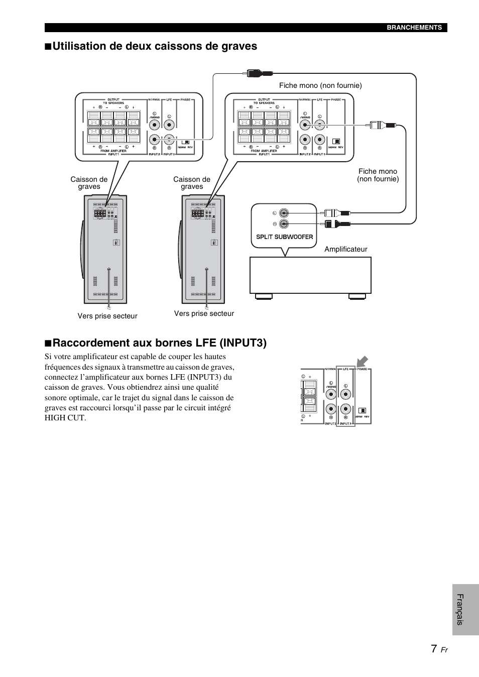 7) si, Utilisation de deux caissons de graves, Raccordement aux bornes lfe (input3) | Yamaha NS-SW310 User Manual | Page 29 / 148