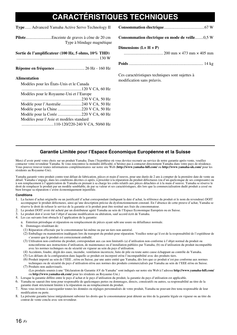 Caractéristiques techniques | Yamaha NS-SW310 User Manual | Page 38 / 148