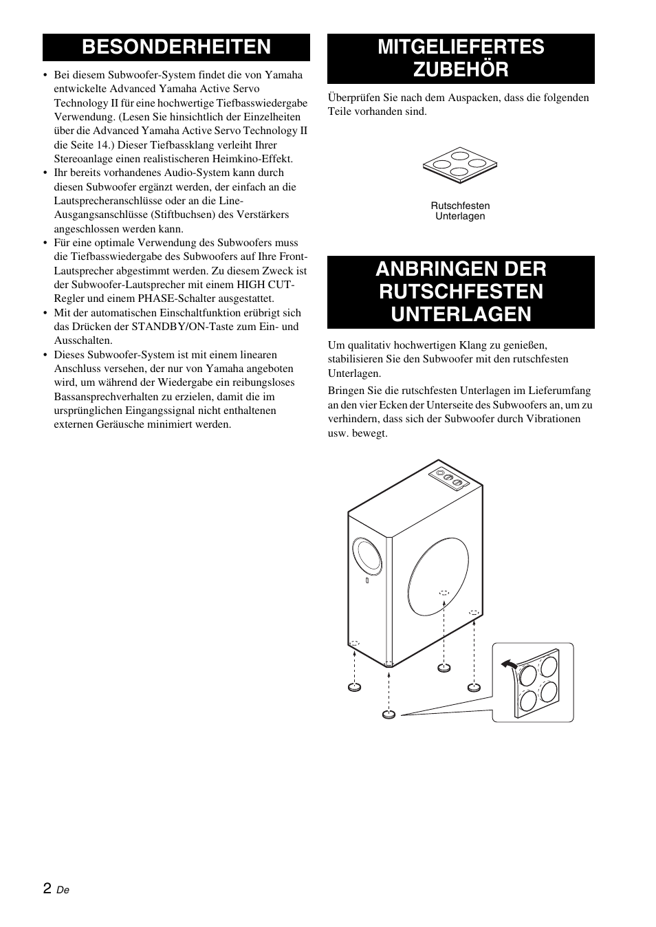 Besonderheiten, Mitgeliefertes zubehör, Anbringen der rutschfesten unterlagen | Yamaha NS-SW310 User Manual | Page 42 / 148