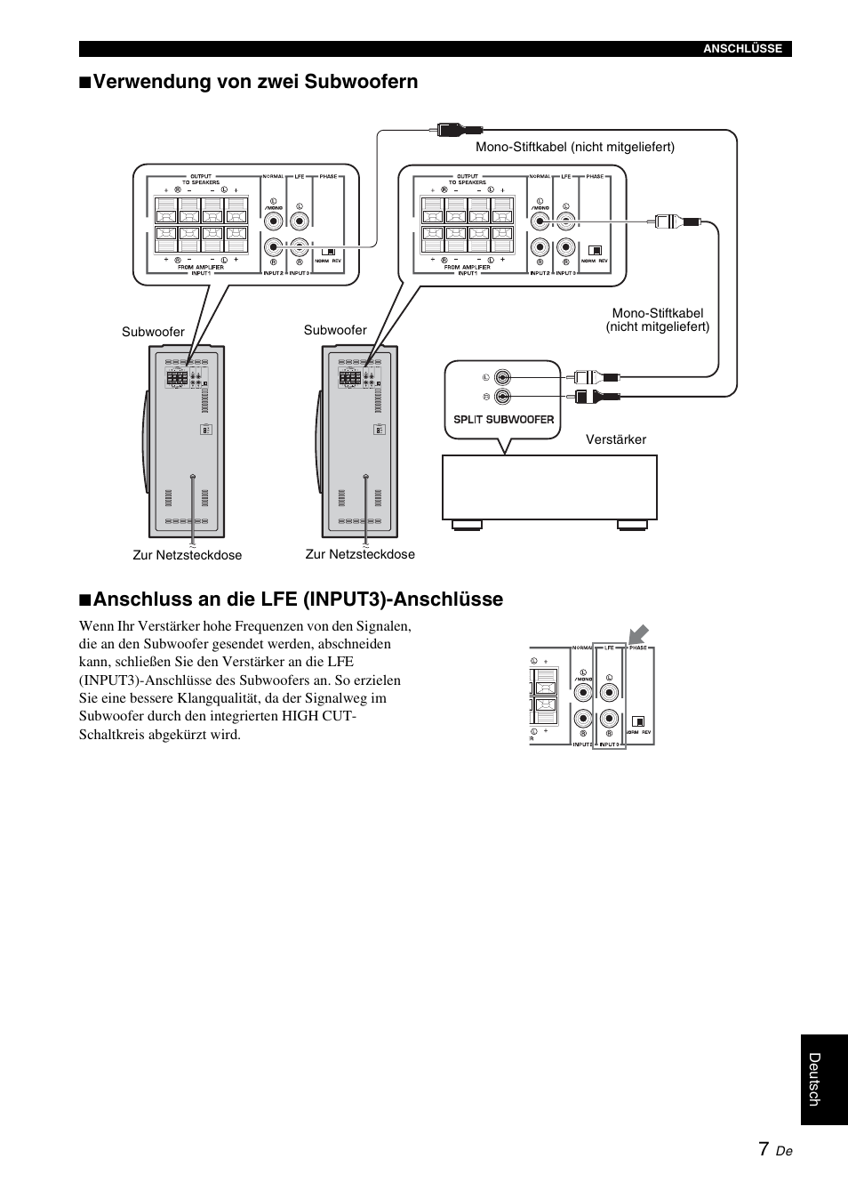 Verwendung von zwei subwoofern, Anschluss an die lfe (input3)-anschlüsse | Yamaha NS-SW310 User Manual | Page 47 / 148