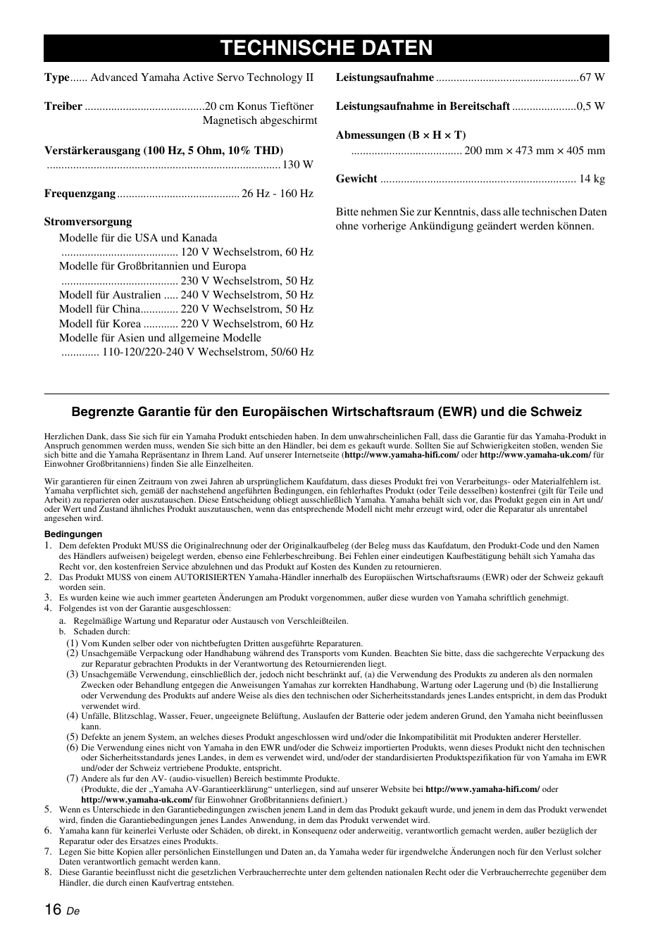 Technische daten | Yamaha NS-SW310 User Manual | Page 56 / 148