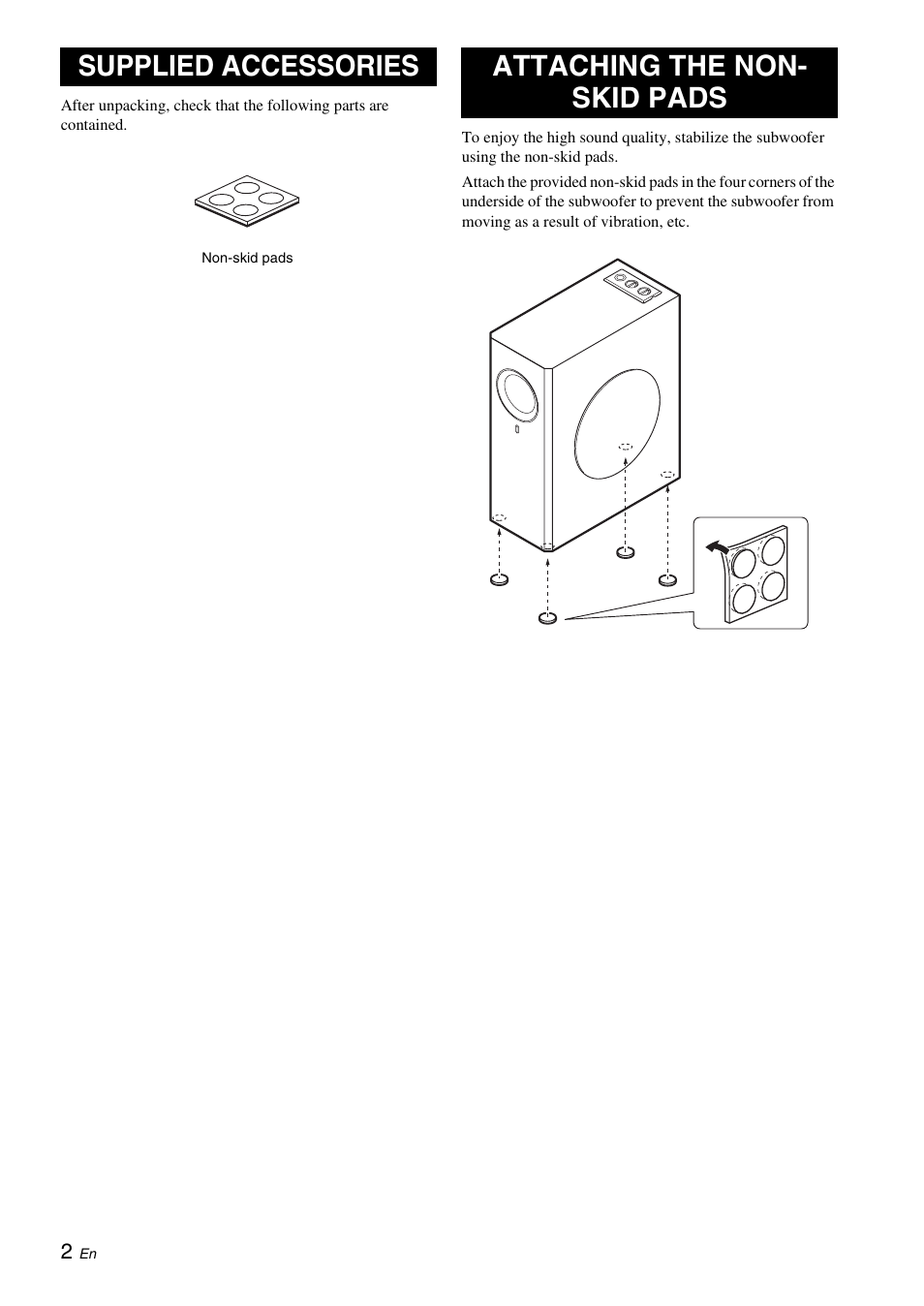 Supplied accessories, Attaching the non- skid pads, Attaching the non-skid pads | Yamaha NS-SW310 User Manual | Page 6 / 148