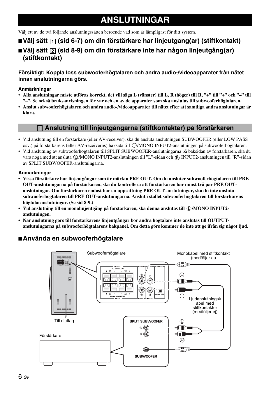 Anslutningar, Använda en subwooferhögtalare | Yamaha NS-SW310 User Manual | Page 64 / 148