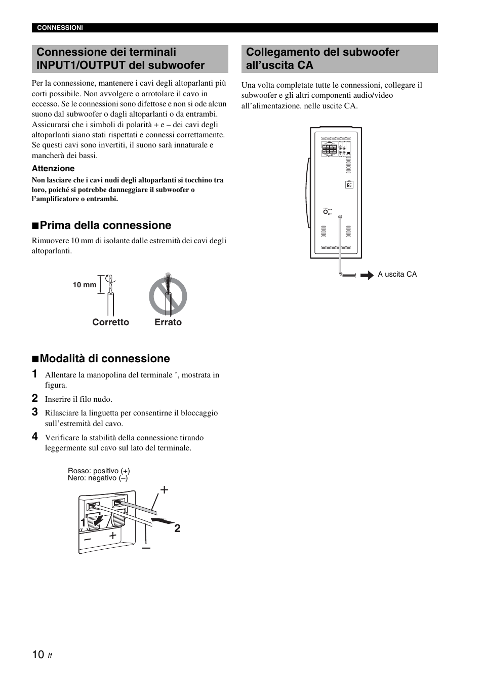 Collegamento del subwoofer all’uscita ca, Prima della connessione, Modalità di connessione 1 | Yamaha NS-SW310 User Manual | Page 86 / 148