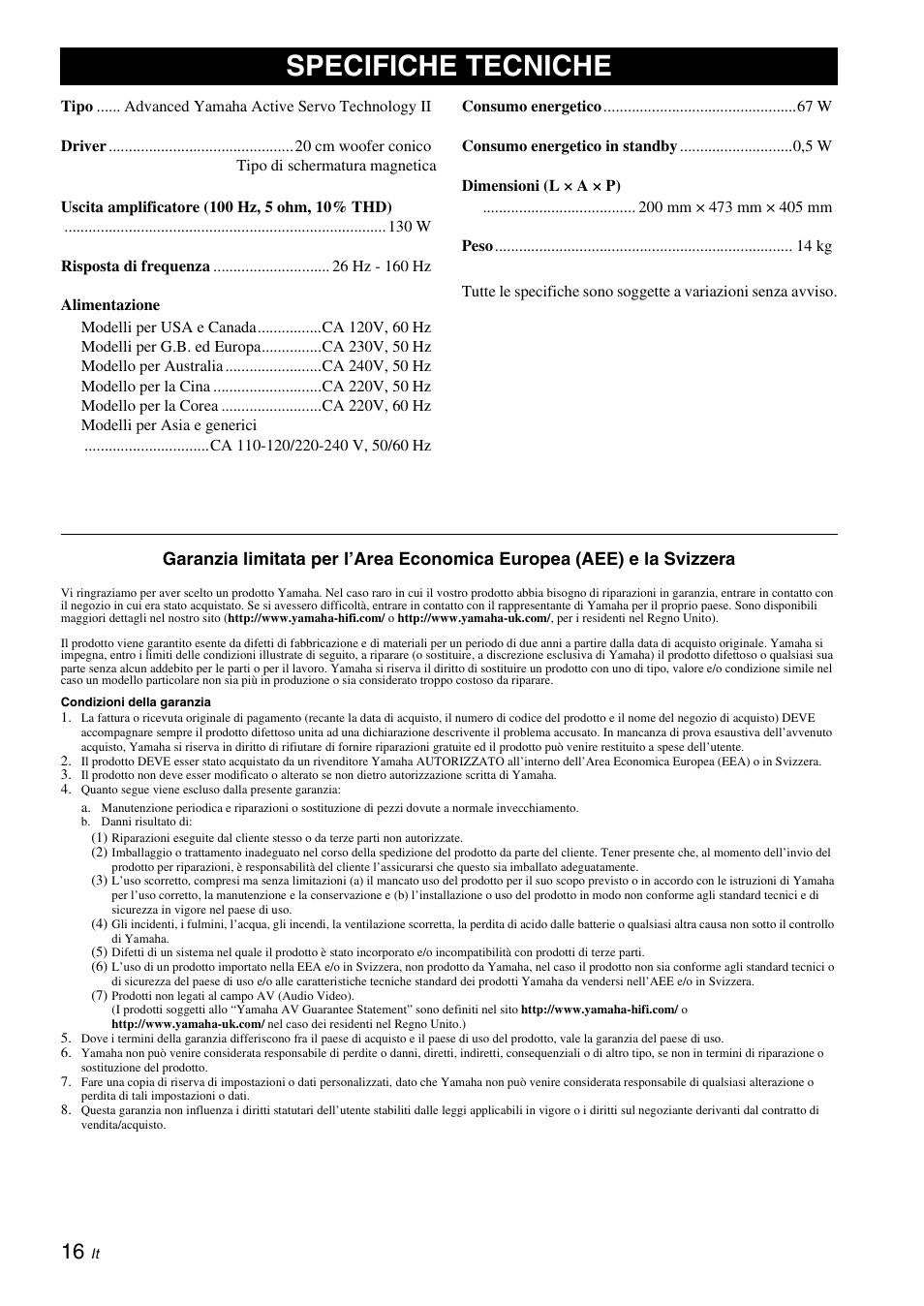 Specifiche tecniche | Yamaha NS-SW310 User Manual | Page 92 / 148