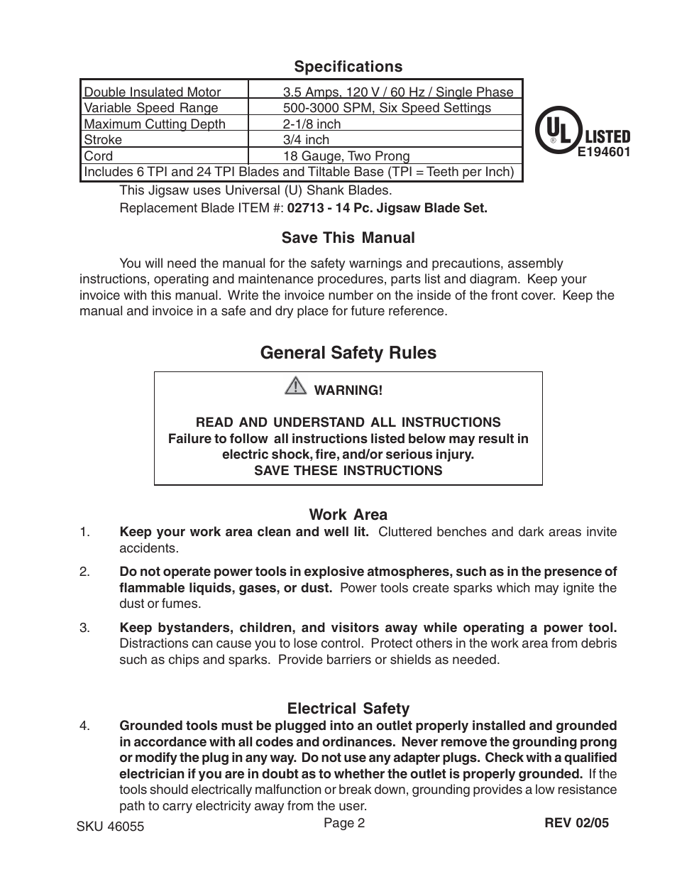 General safety rules | Harbor Freight Tools 46055 User Manual | Page 2 / 13