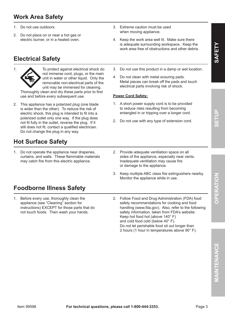 Work area safety, Electrical safety, Hot surface safety | Foodborne illness safety, Safet y op era tion m aintenan c e setu p | Harbor Freight Tools 99599 User Manual | Page 3 / 8