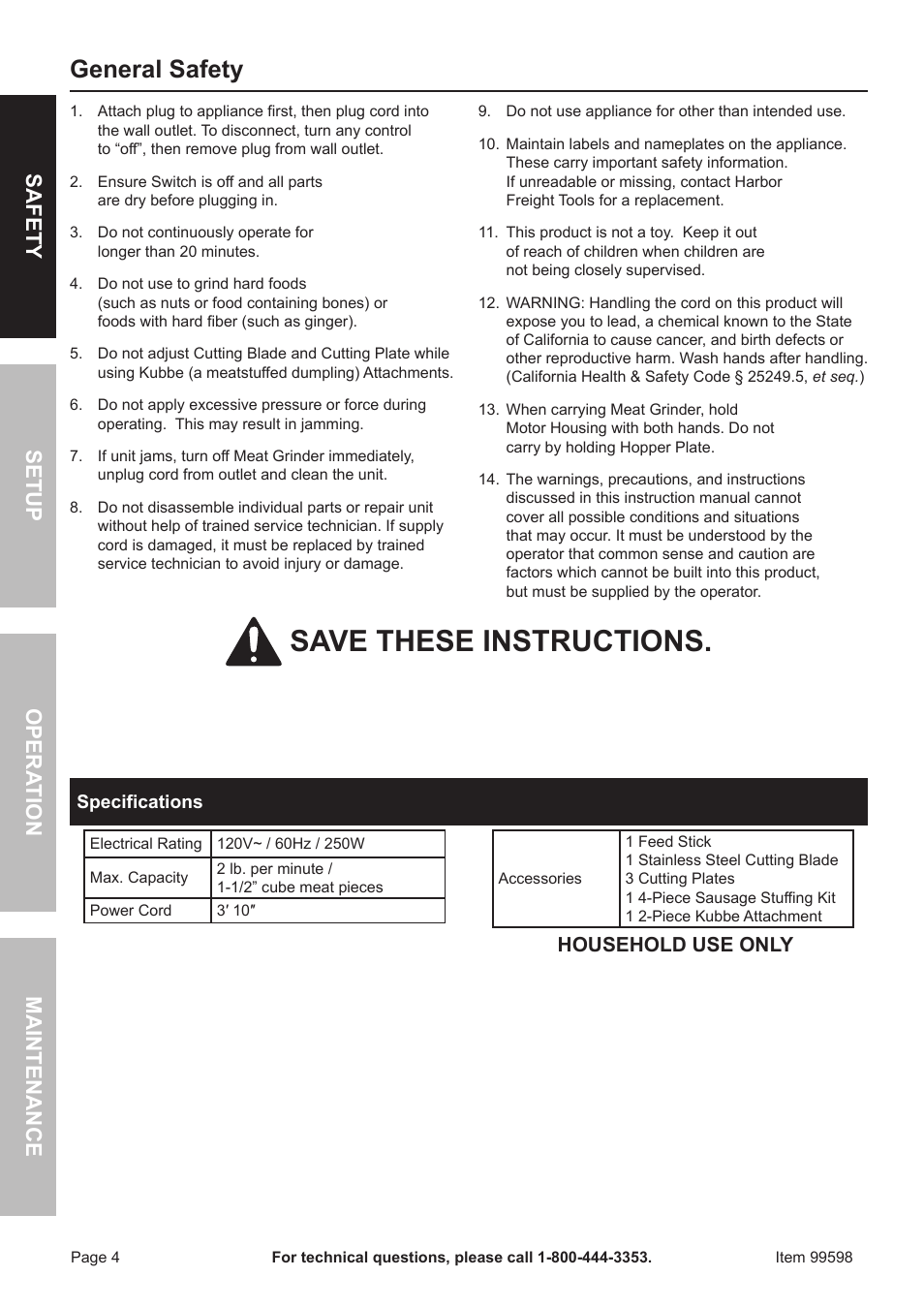 Save these instructions, General safety, Safet y op era tion m aintenan c e setu p | Harbor Freight Tools 99599 User Manual | Page 4 / 8