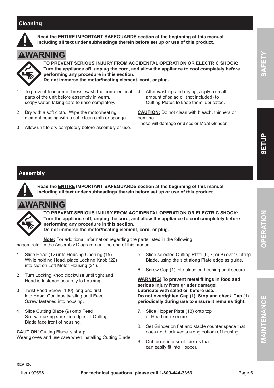 Safet y op era tion m aintenan c e setu p | Harbor Freight Tools 99599 User Manual | Page 5 / 8