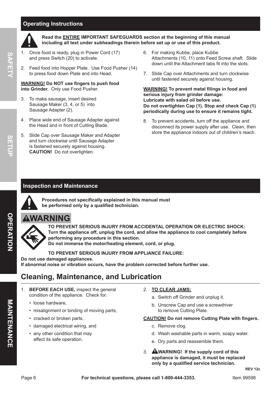 Cleaning, maintenance, and lubrication, Safet y op era tion m aintenan c e setu p, Op era tion | Harbor Freight Tools 99599 User Manual | Page 6 / 8