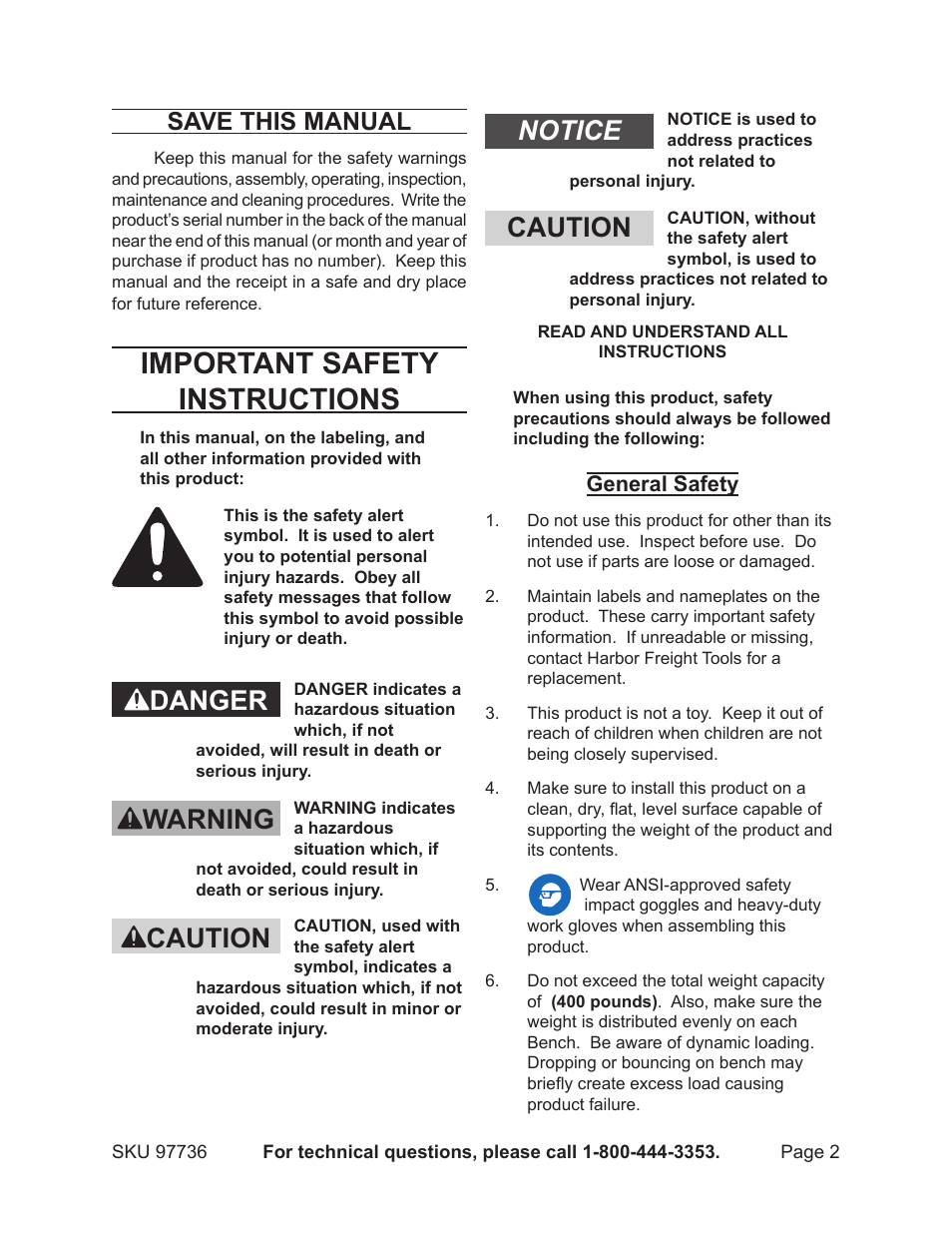 Important safety instructions, Danger warning caution notice caution, Save this manual | Harbor Freight Tools 97736 User Manual | Page 2 / 7