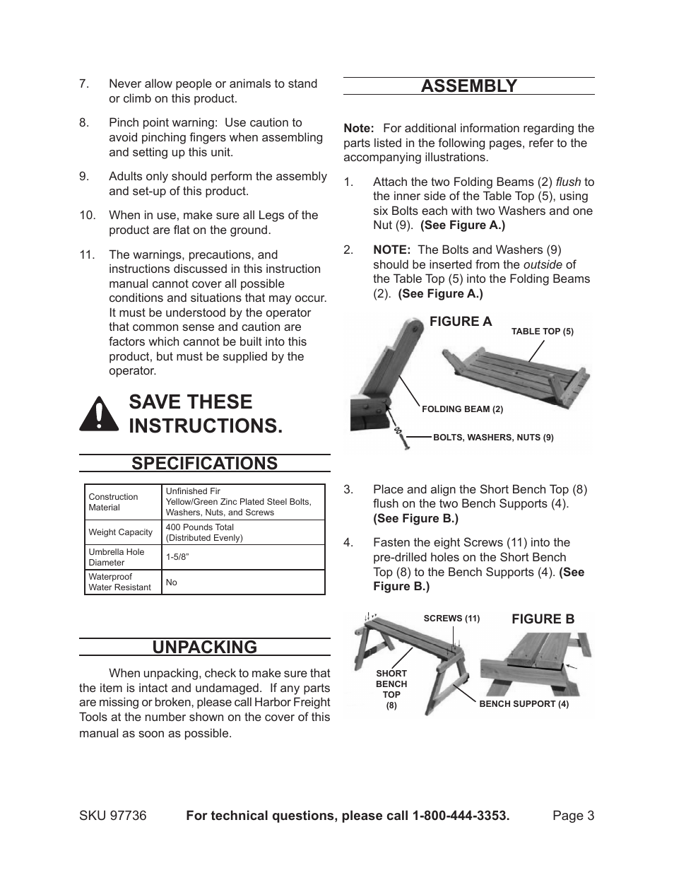 Save these instructions, Specifications, Unpacking | Assembly | Harbor Freight Tools 97736 User Manual | Page 3 / 7