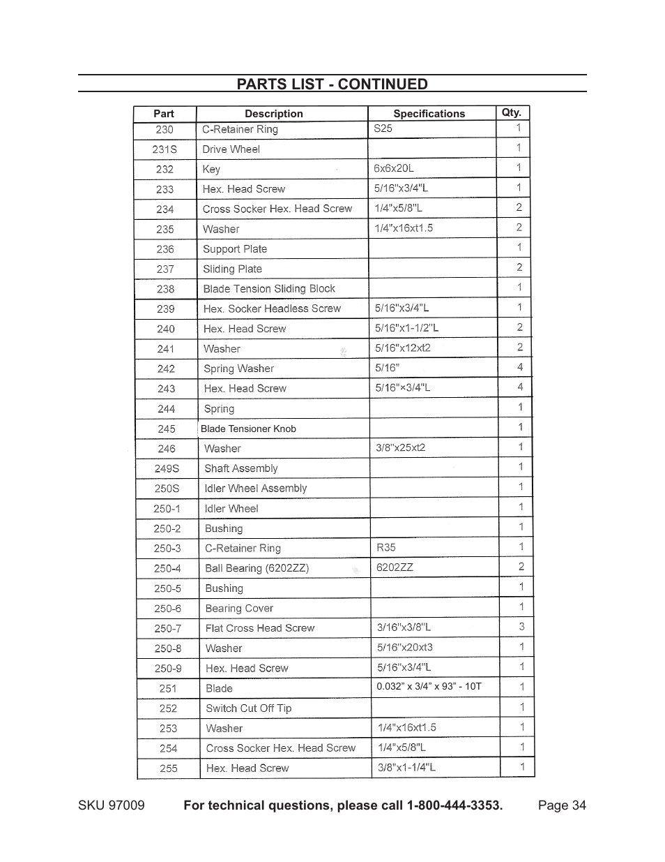 Parts list - continued | Harbor Freight Tools Metal Cutting Bandsaw 97099 User Manual | Page 34 / 46