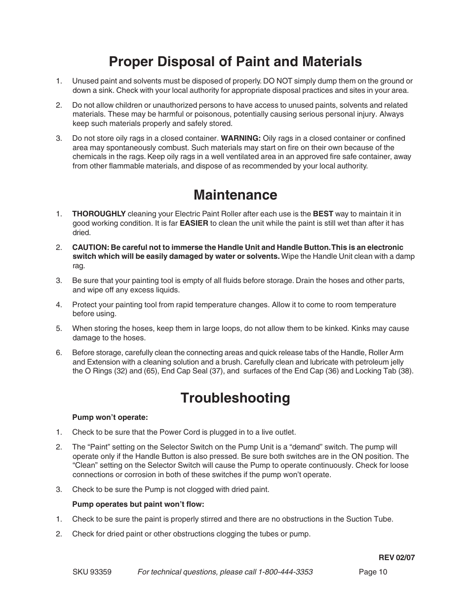 Proper disposal of paint and materials, Maintenance, Troubleshooting | Harbor Freight Tools 93359 User Manual | Page 10 / 12