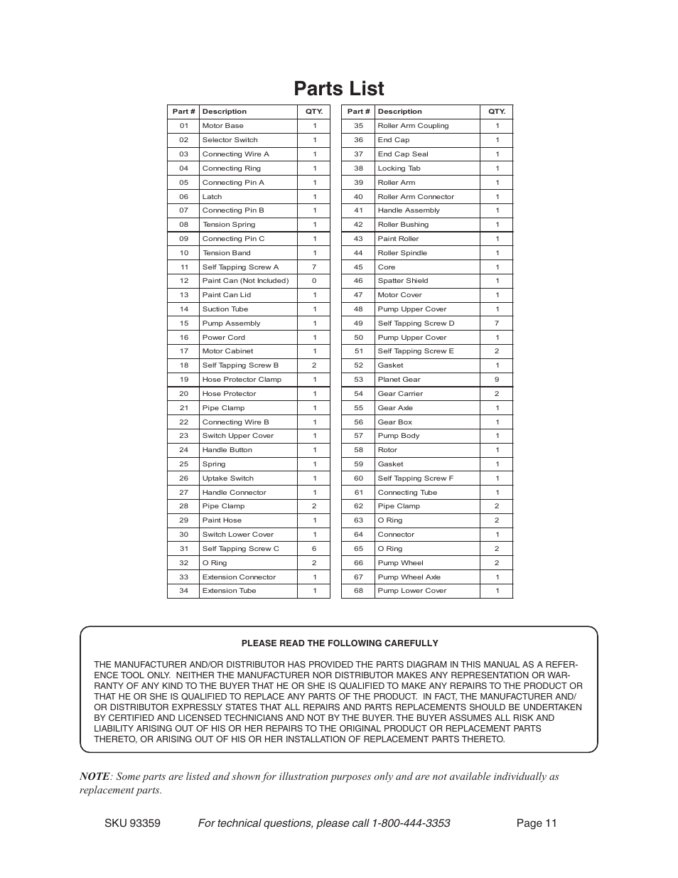 Parts list | Harbor Freight Tools 93359 User Manual | Page 11 / 12