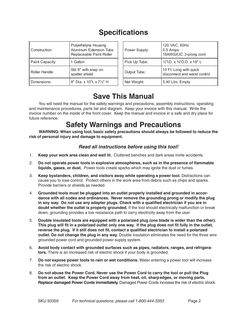 Specifications save this manual, Safety warnings and precautions, Read all instructions before using this tool | Harbor Freight Tools 93359 User Manual | Page 2 / 12