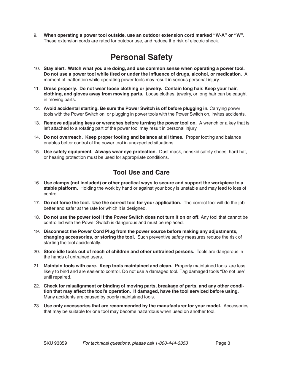 Personal safety, Tool use and care | Harbor Freight Tools 93359 User Manual | Page 3 / 12