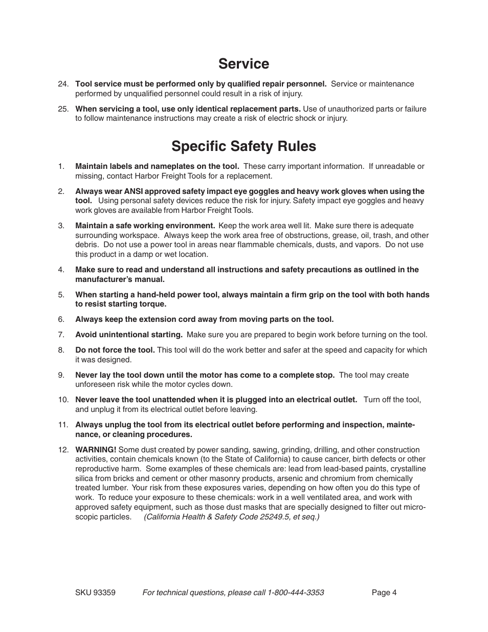 Service, Specific safety rules | Harbor Freight Tools 93359 User Manual | Page 4 / 12