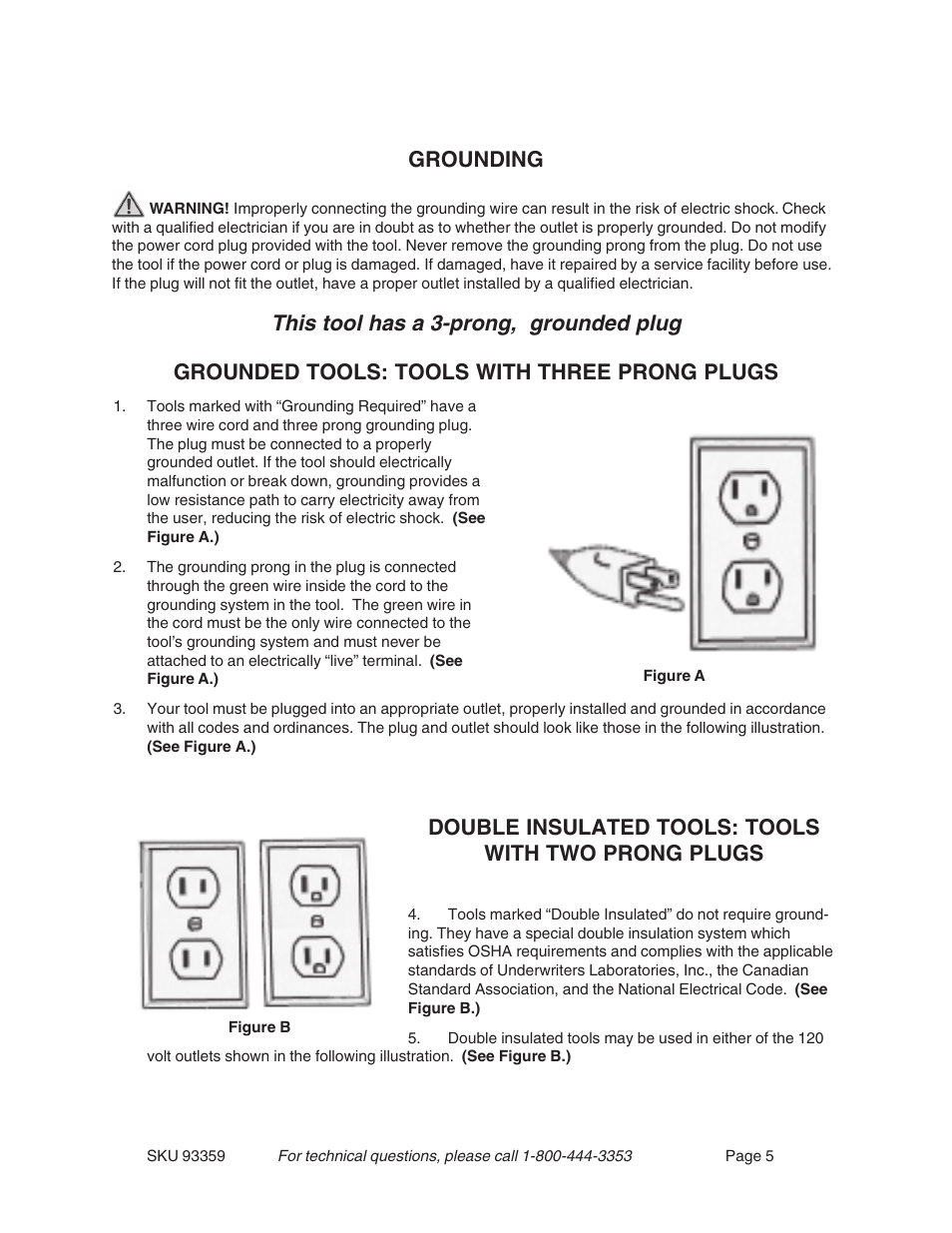 This tool has a 3-prong, grounded plug, Grounding, Grounded tools: tools with three prong plugs | Double insulated tools: tools with two prong plugs | Harbor Freight Tools 93359 User Manual | Page 5 / 12