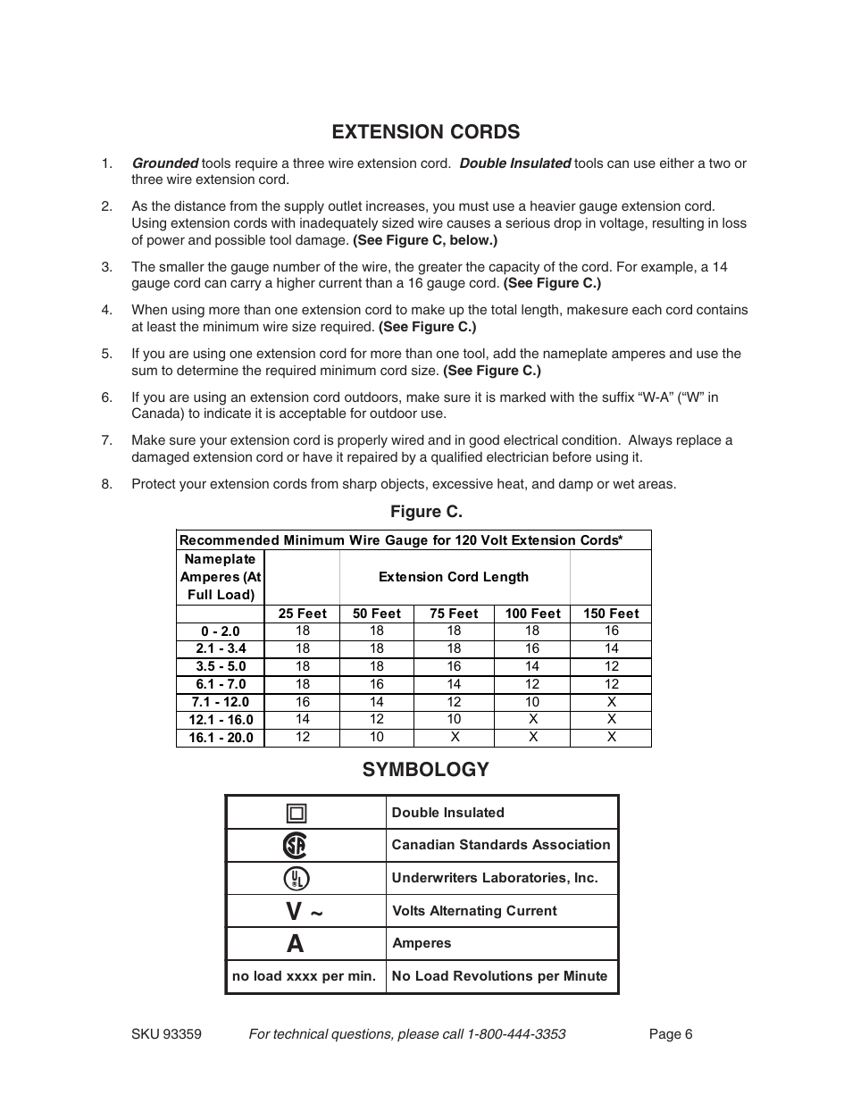 V ~ a, Extension cords, Symbology | Harbor Freight Tools 93359 User Manual | Page 6 / 12