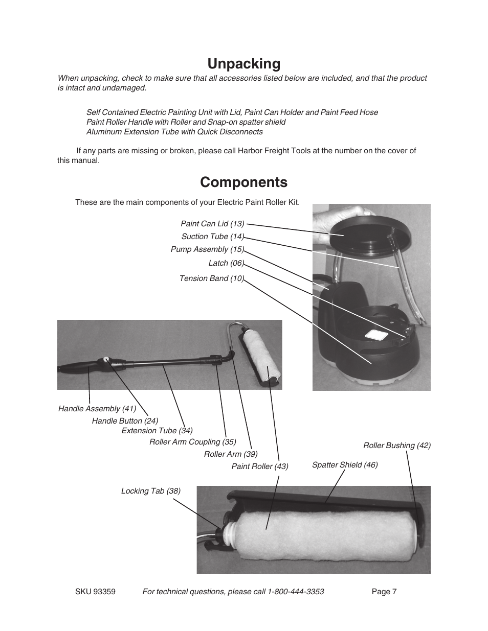 Unpacking, Components | Harbor Freight Tools 93359 User Manual | Page 7 / 12