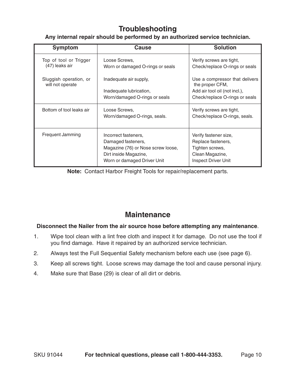 Maintenance, Troubleshooting | Harbor Freight Tools 91044 User Manual | Page 10 / 12