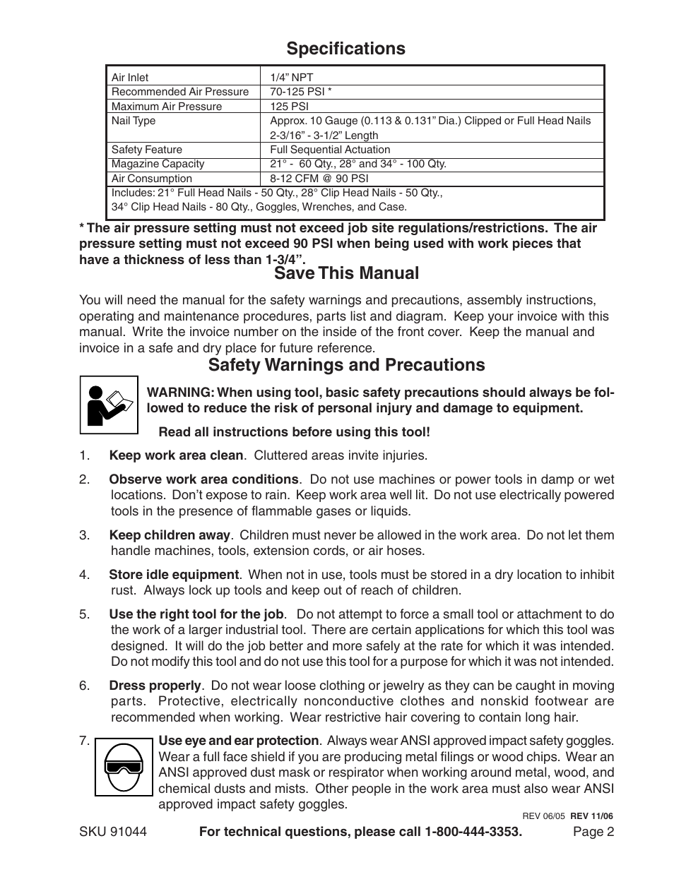 Safety warnings and precautions, Specifications, Save this manual | Harbor Freight Tools 91044 User Manual | Page 2 / 12