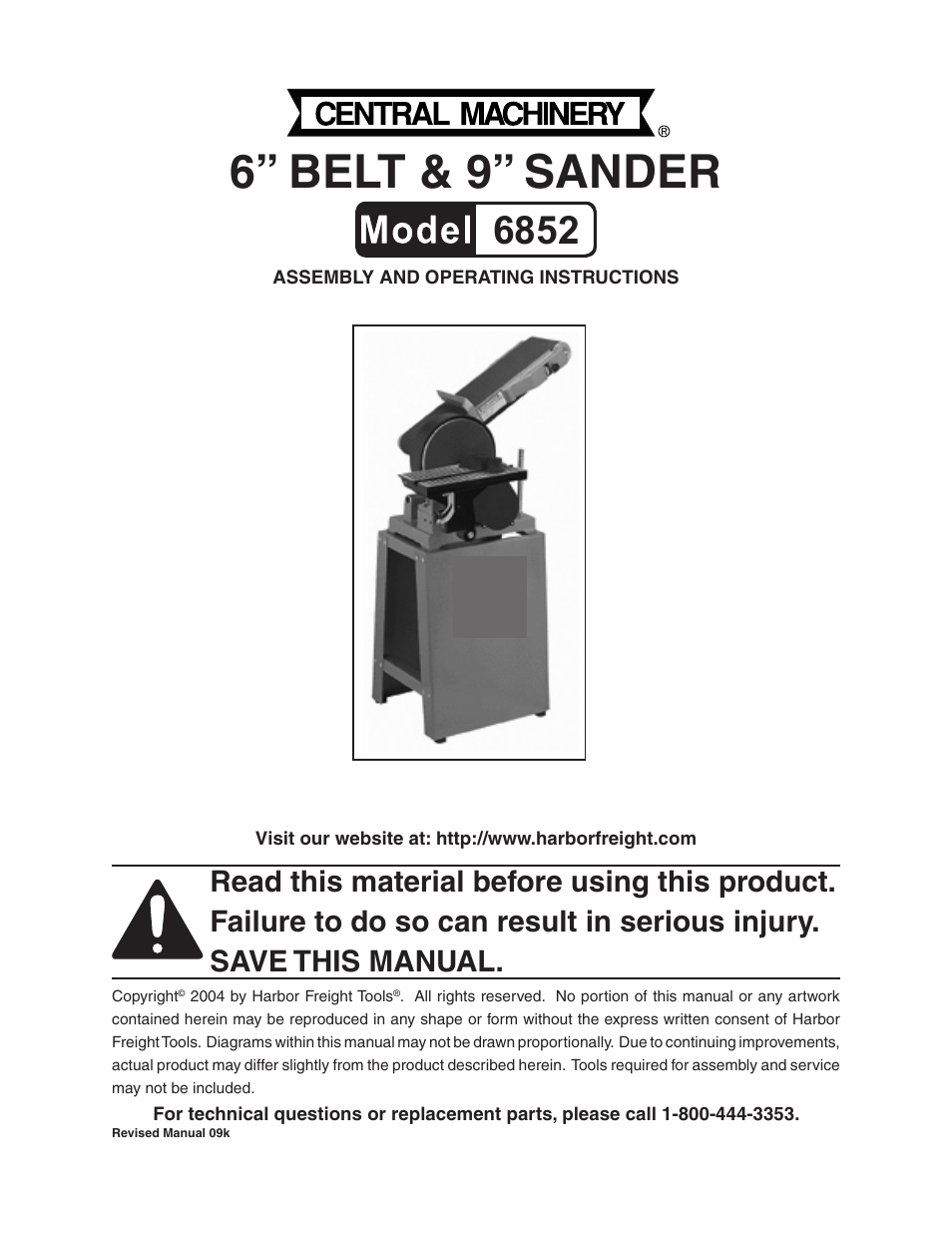 Harbor Freight Tools Central Machinery 6" Belt & 9" Sander 6852 User Manual | 19 pages