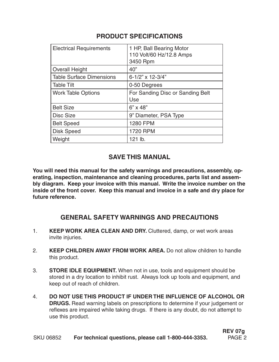 Harbor Freight Tools Central Machinery 6" Belt & 9" Sander 6852 User Manual | Page 2 / 19