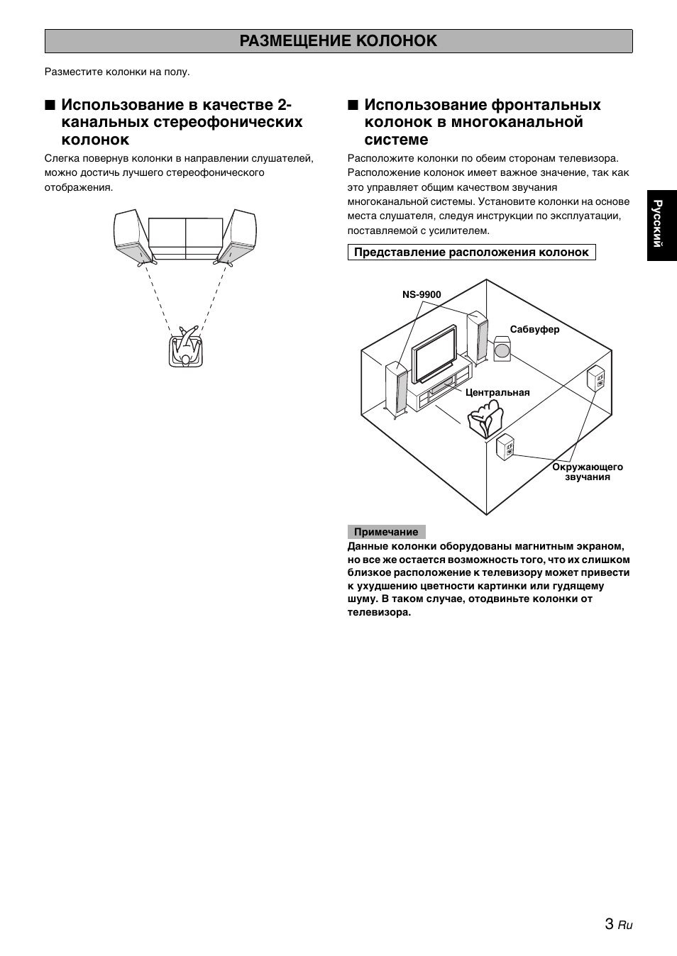 Размещение колонок | Yamaha NS-9900 User Manual | Page 14 / 22